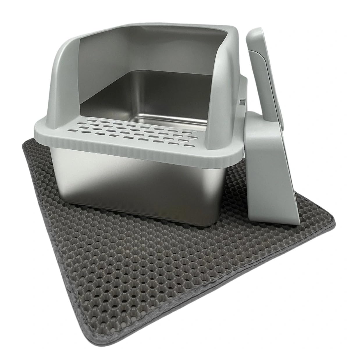 Edelstahl Katzentoilette mit hohem Rand, Katzenklo Offen mit Streu-Auffangmatte & Schaufel, Geruchsneutral & Leicht zu Reinigen, 36x30x51cm Toiletten-Set für Katzen, Hellgrau