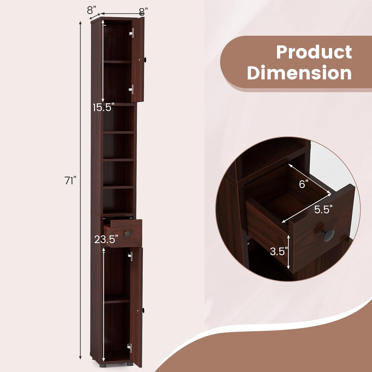 Tangkula Tall Slim Bathroom Storage Cabinet, 71" Freestanding Bathroom Cabinet w/ 2 Doors, 1 Drawer & 5 Adjustable Shelves, Floor Narrow Tower Cabinet for Small Spaces, 8" x 8" x 71" (Brown)