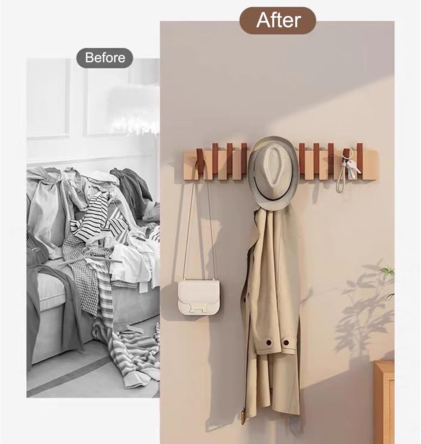 Coat Rack Wall Mount, Wooden Coat Rack, Piano Key Coat Rack, 12 Hooks Flip Down Wall Hook Rack, Beech and Beech