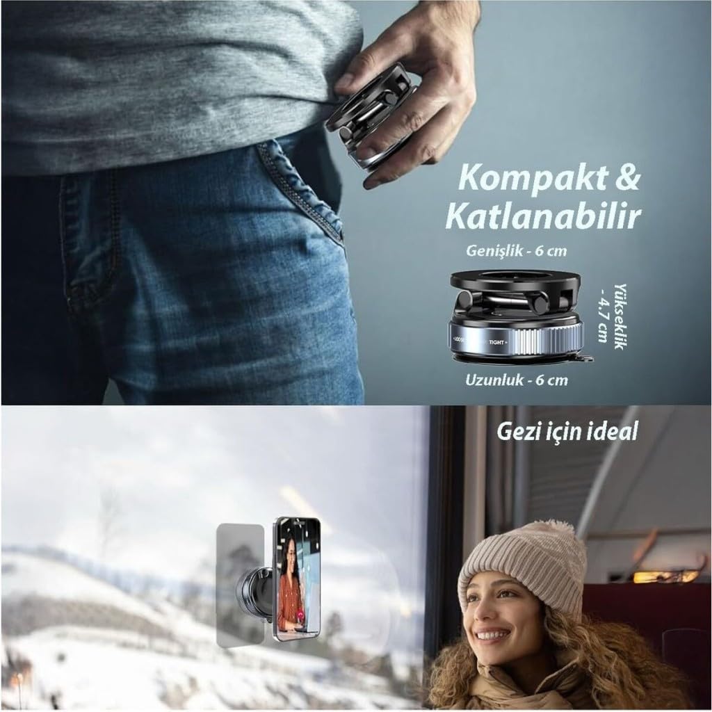 UnDePlus Manyetik M-Safe ile Uyumlu 360 Dönen Ayarlanabilir Araç İçi Telefon Tutucu Vakumlu Katlanabilir K007 Siyah