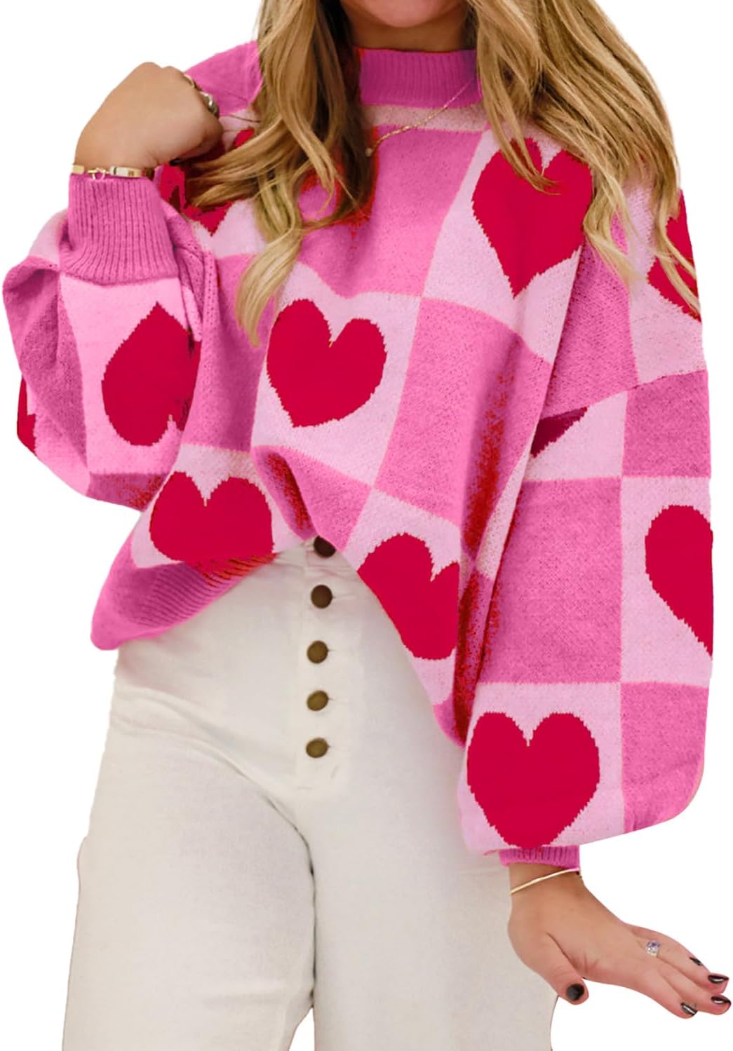 KevaMolly Womens Plus Size Valentines Sweater Lantern Sleeve Sweater Plaid Elegant Baggy Sweaters Pink Pullover Top