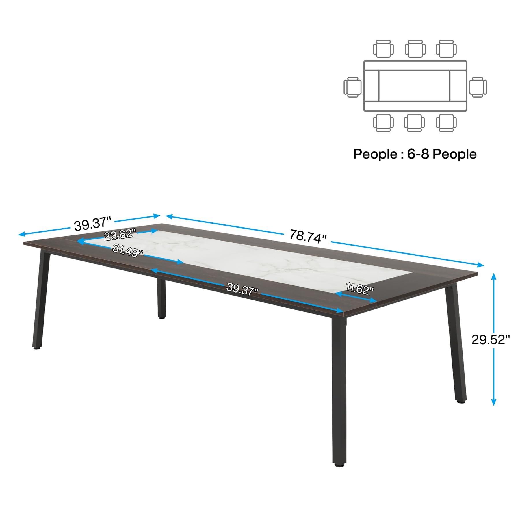 Tribesigns Large Conference Table Grande Tavolo da conferenze, Legno Ingegneria Metallo, Acero caffè + Calacatta Bianco + Nero, L
