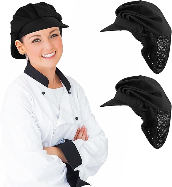 Yolev Chef Hats-Kitchen Baker Cooking Hair Nets Food Service Hairnets for Women Men with Brim Black