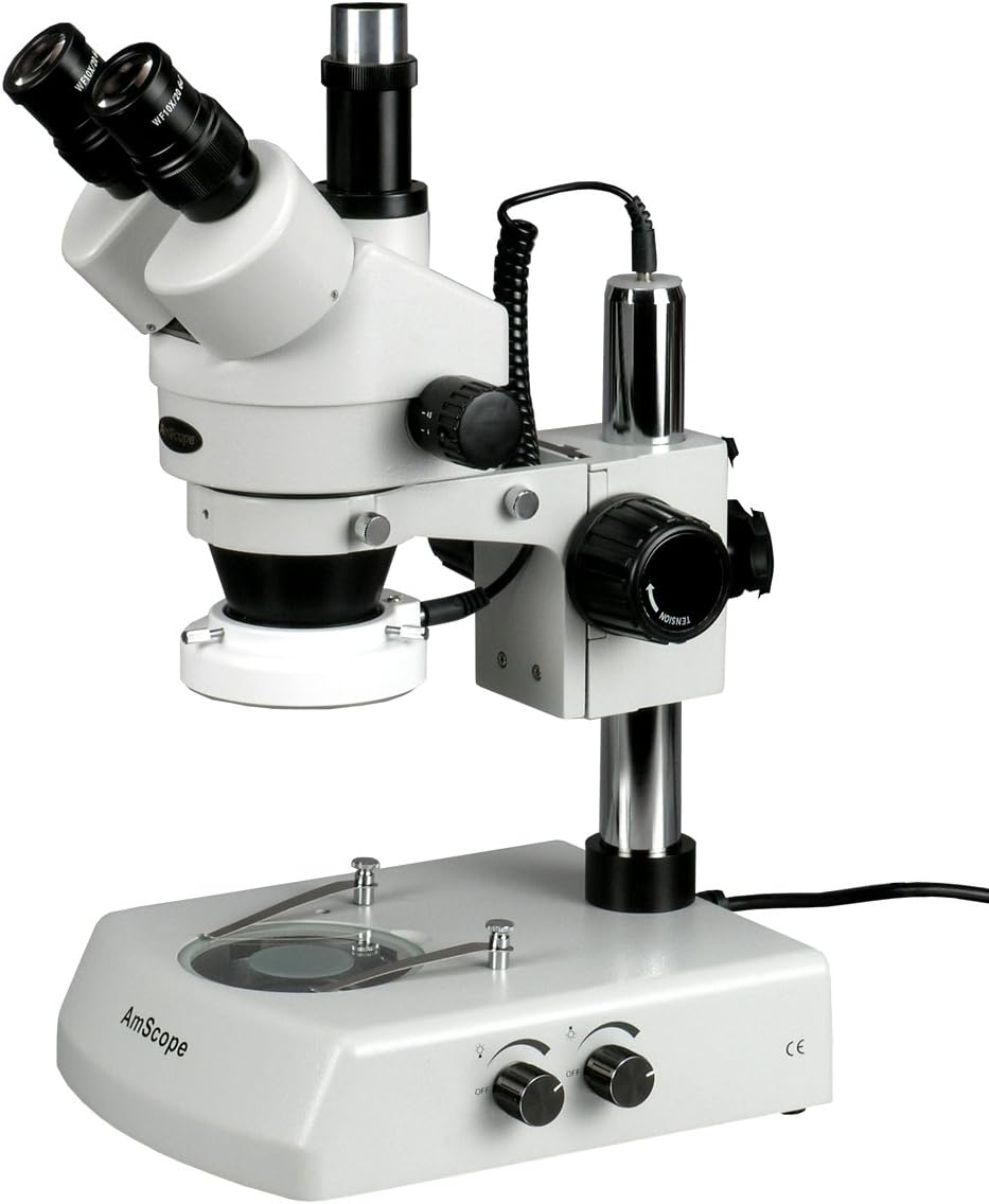 AmScope SM-2T-LED Professional Trinocular Stereo Zoom Microscope, WH10x Eyepieces, 7X-45X Magnification, 0.7X-4.5X Zoom Objective, Upper and Lower LED Lighting, Pillar Stand, 110V-120V