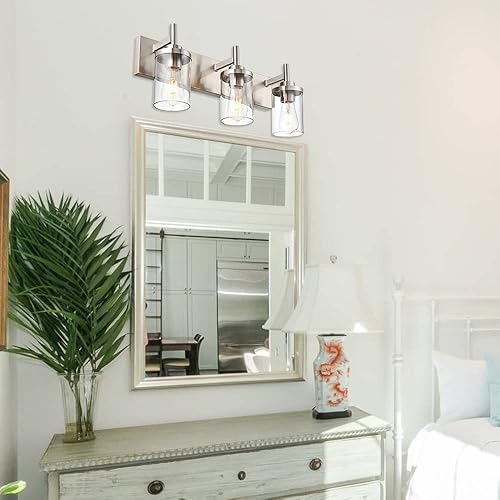 Miniatura 2 de Lámparas de baño, 3 luces, moderna lámpara de pared de níquel cepillado con pantalla de vidrio transparente, luces modernas de montaje en pared para