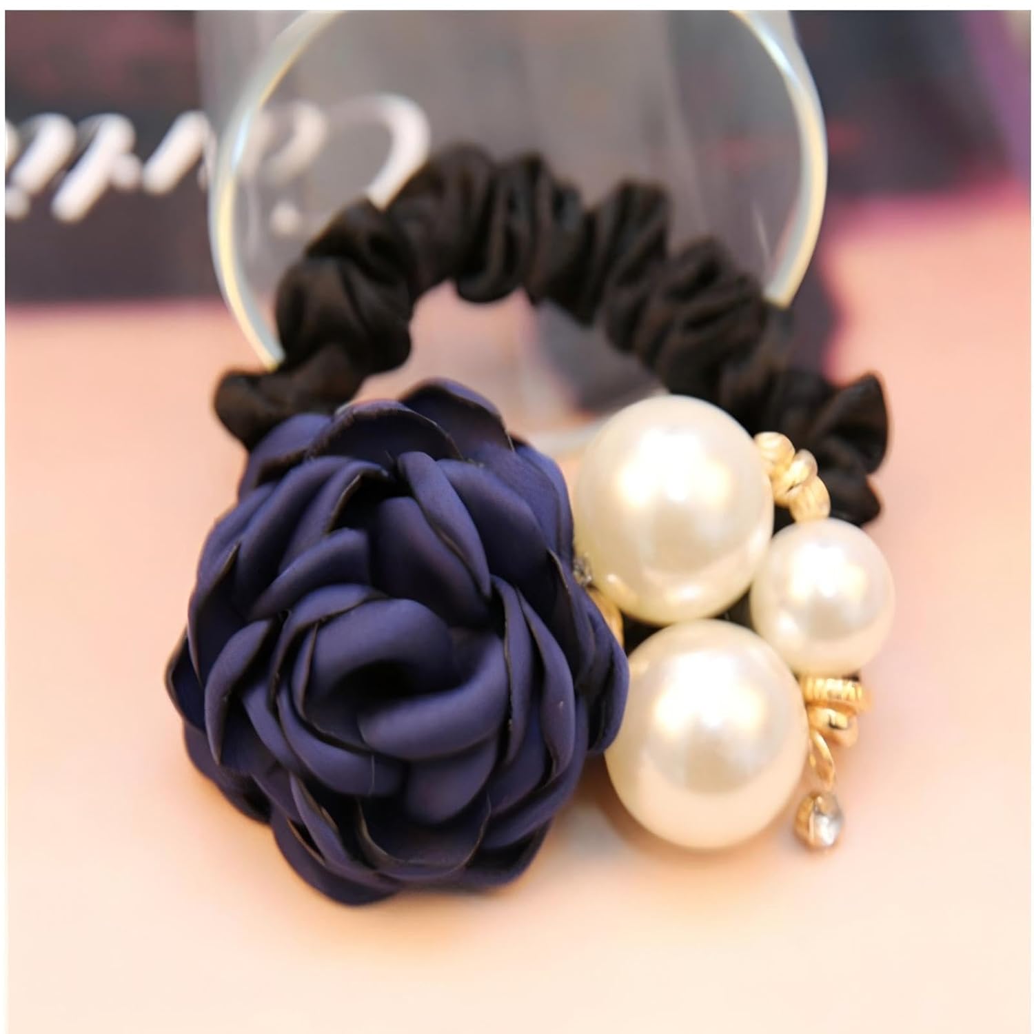 Flower hair scrunchies, Rose Pearl Hair Ties 12PCS, Rose Flower Rhinestone Black Elastic Hair, Pearl Hair, Bands Ponytail Holder Handmade.