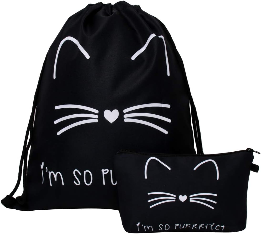 LOOMILOO Drawstring Backpack Waterproof,2 piece set Printed Durable Rucksack Gym Bag (Cat)