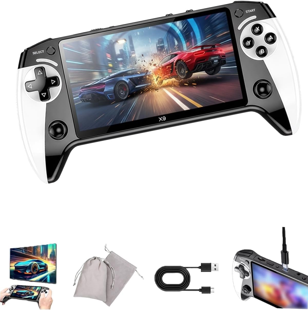 Consola de juegos portátil retro X9, consola de juegos retro portátil, juegos clásicos Reive en pantalla IPS HD de 5.5 pulgadas y 64 GB 20000 +