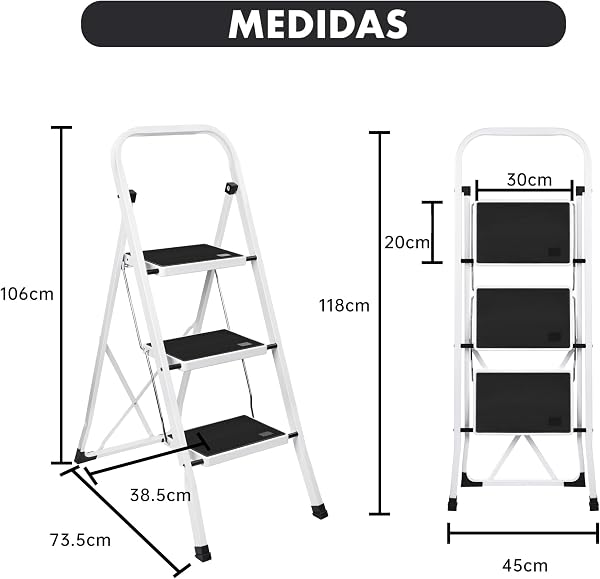 Escalera Plegable de 3 peldaños con Estructura de Acero | Taburete Multifuncional con Superficie Antideslizante y Base Estable | Ligera, portátil y Segura para hogar, Oficina y tareas domésticas - 3