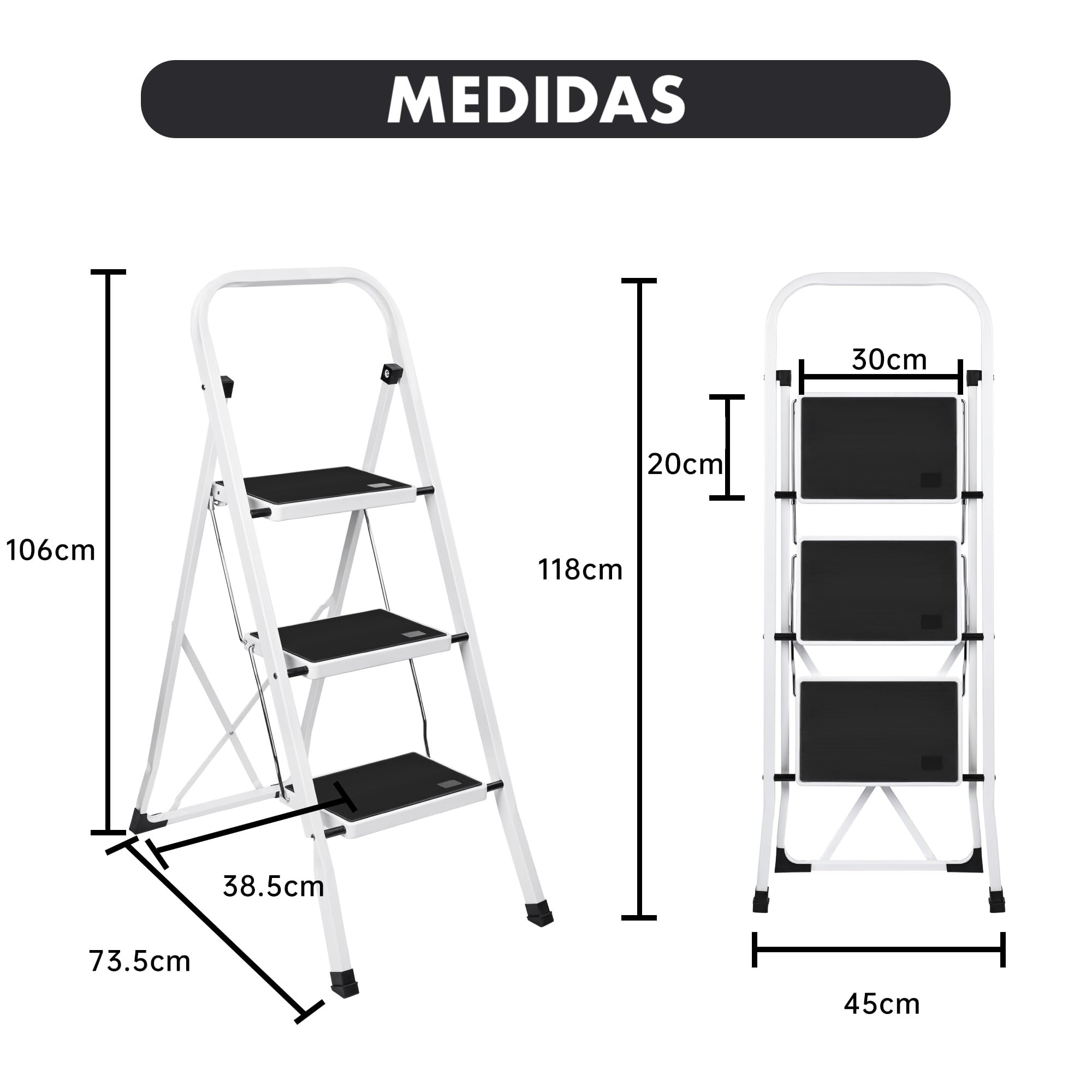 Escalera Plegable de 3 peldaños con Estructura de Acero | Taburete Multifuncional con Superficie Antideslizante y Base Estable | Ligera, portátil y Segura para hogar, Oficina y tareas domésticas — view 3