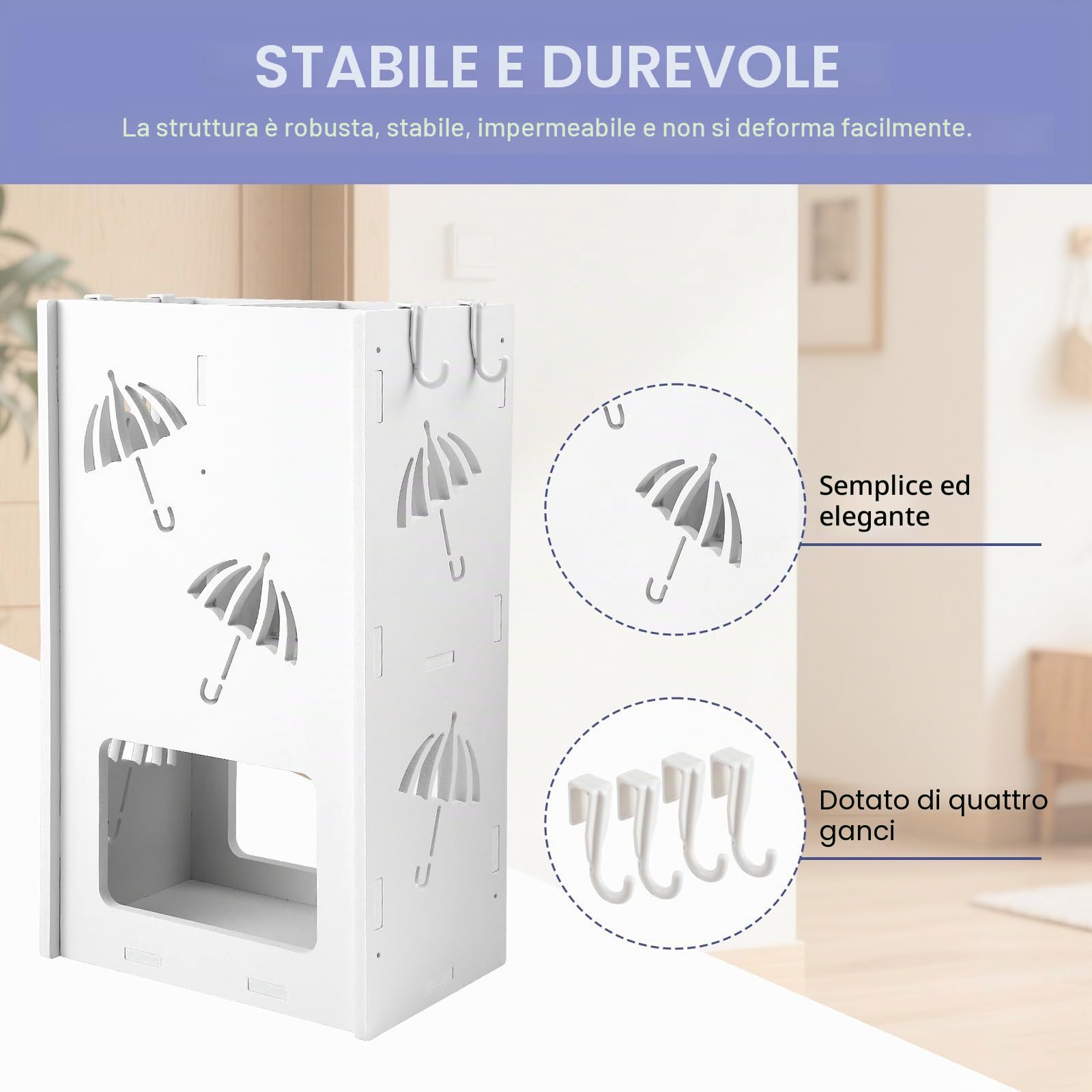 Portaombrelli con 2 scomparti, portaombrelli, con 4 ganci, motivo ombrello per ombrelli lunghi/corti, per casa e interni, 25 x 43 x 15 cm