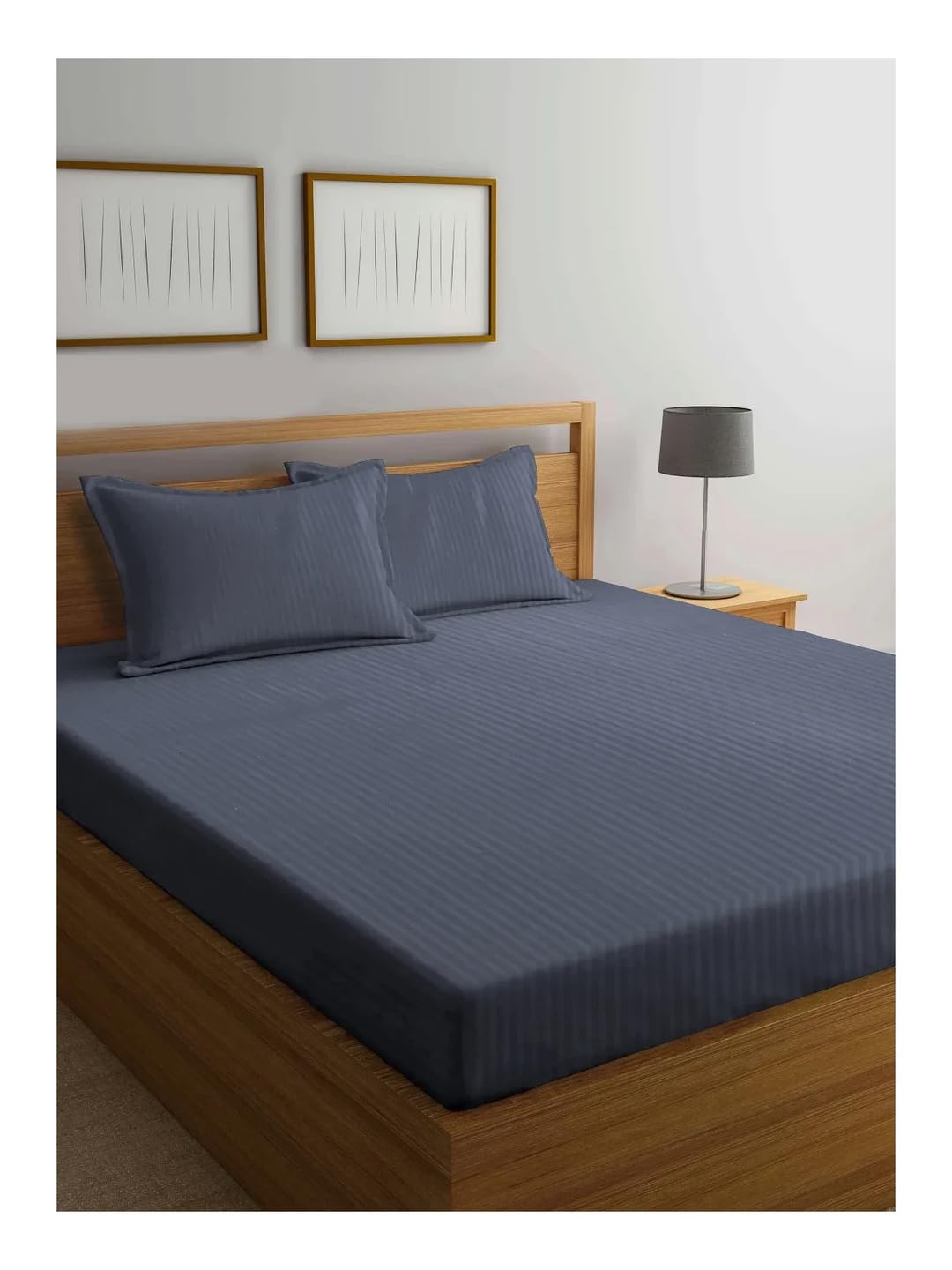 Klotthe Grey Striped 300 TC Cotton Blend Double Bedsheet in Book Fold Packing