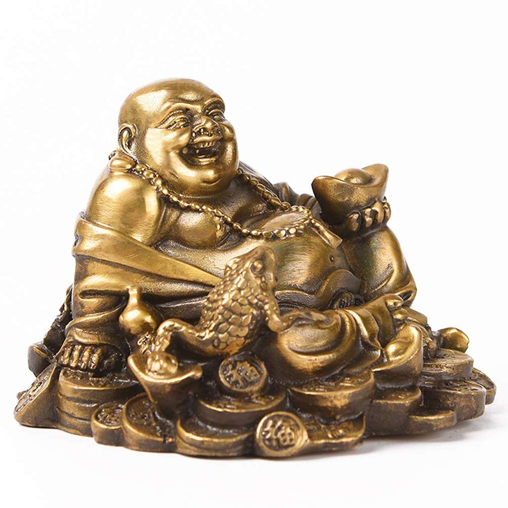 SnamicE Buddha Statue Brass Sitting Laughing Buddha With Money Frog Protect House Peace Wealth Decoration Lucky Decoration Buddha garden,
