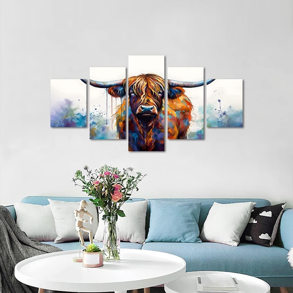 Highland Cow Abstract Canvas Wall Art 5 Panels Farmhouse Posters Graffiti Home Decor Artwork Wild Animal Prints Living Room Framed 60'' x 32''