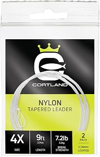 Cortland Nylon Tapered Leader - 2 Pack Fly Fishing, Clear 9ft Looped, 4X - 7.2lb