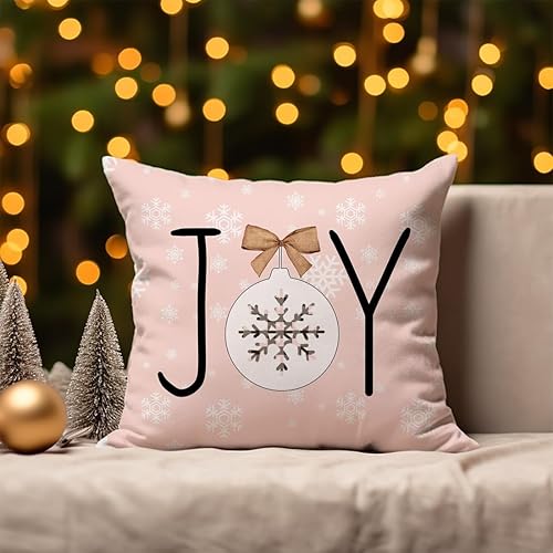 Miniatura 4 de Faromily Juego de 4 fundas de almohada de Navidad rosas de 18 x 18 pulgadas, diseño de muñeco de nieve, copos de nieve, árboles de Navidad, fundas