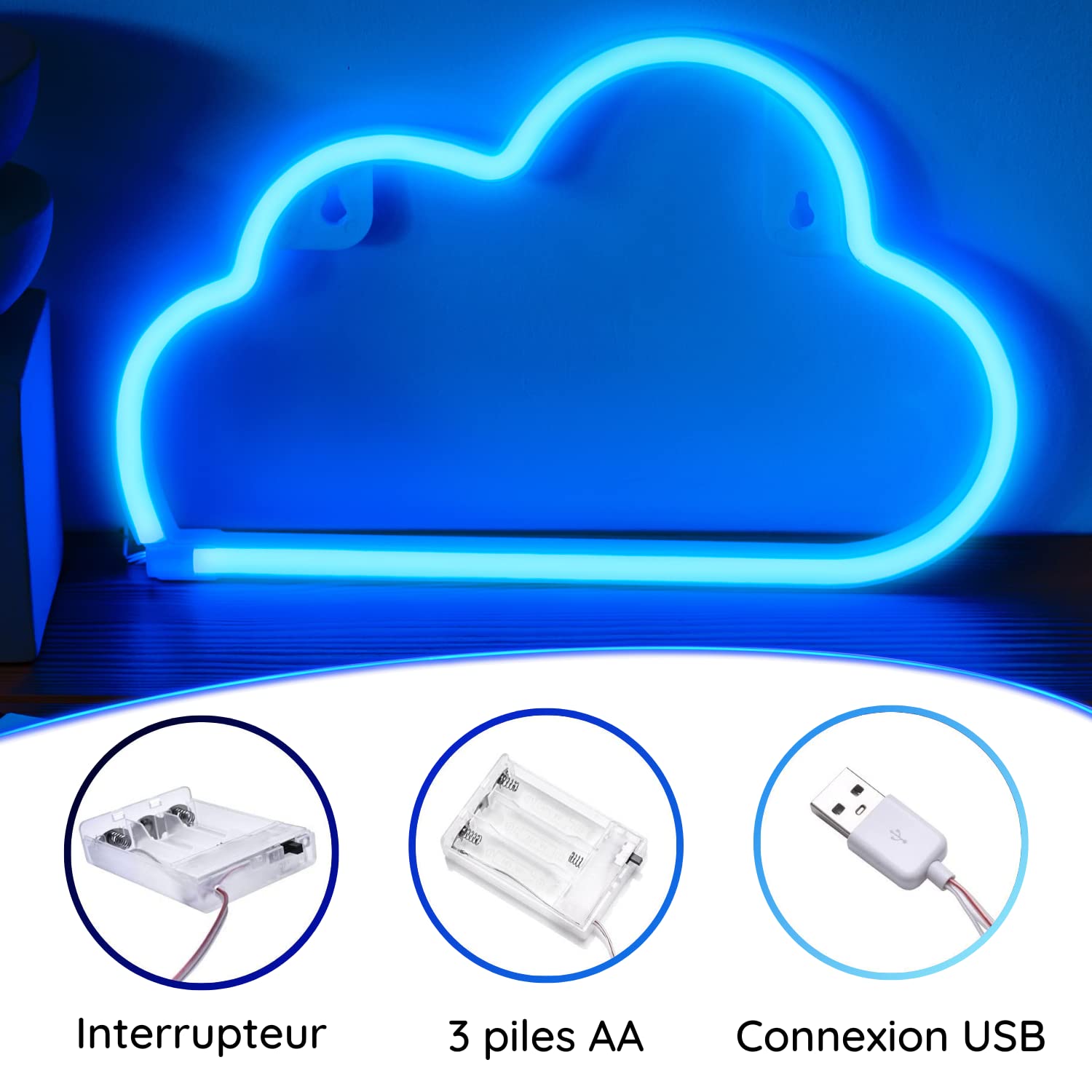 Pack de 3 Éclair, Planète et Nuage - Néon LED Mural, Lampe Neon Gaming Chambre Decoration, Enseigne Lumineuse Setup Gamer. Connexion batterie ou USB.
