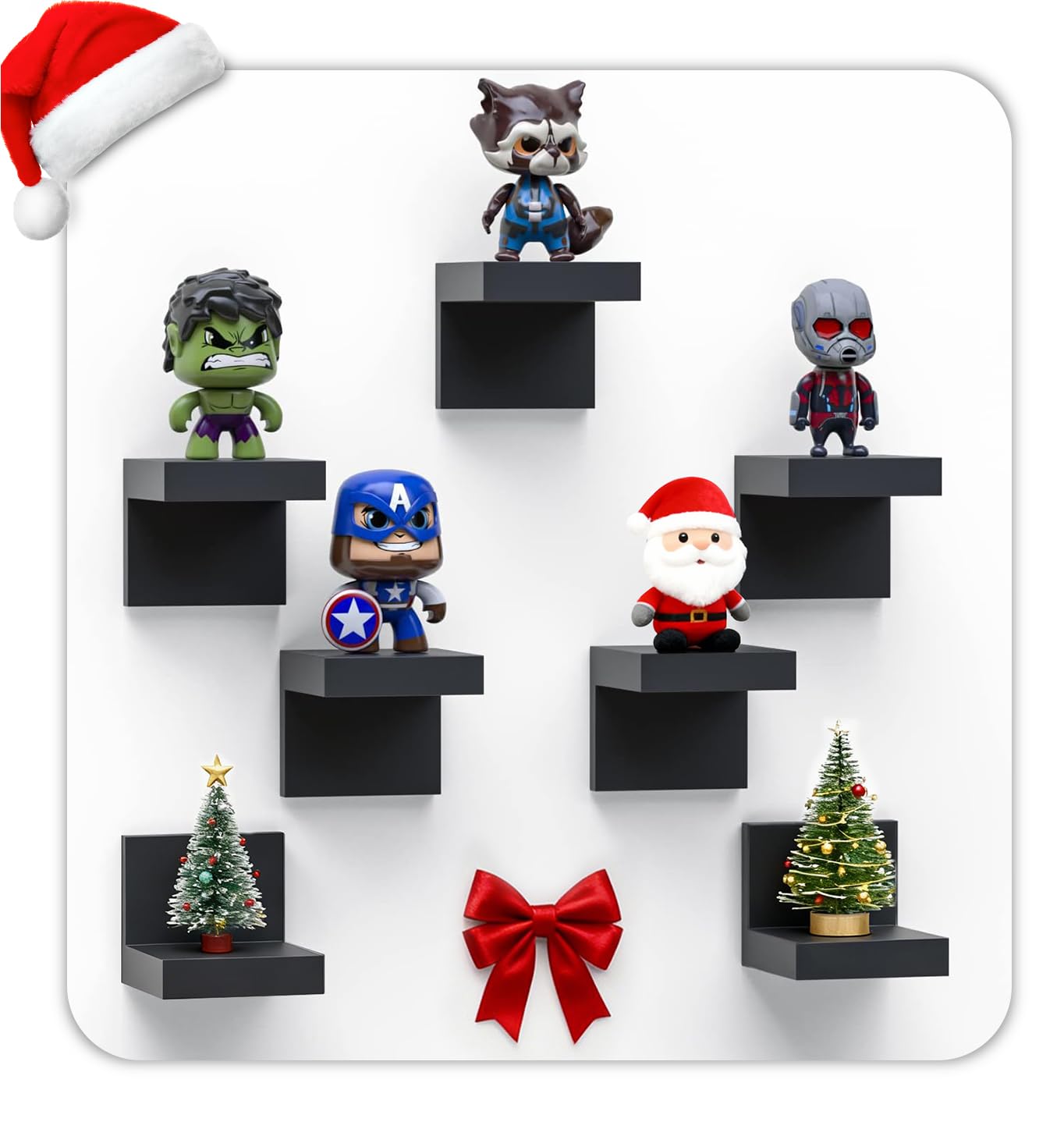 7-Pack Small Floating Shelves for Wall by RICHER HOUSE, 4-Inch Plastic Display Ledges for Small Decor, Compact Style Wall Shelf with 2 Types of Installation - Black