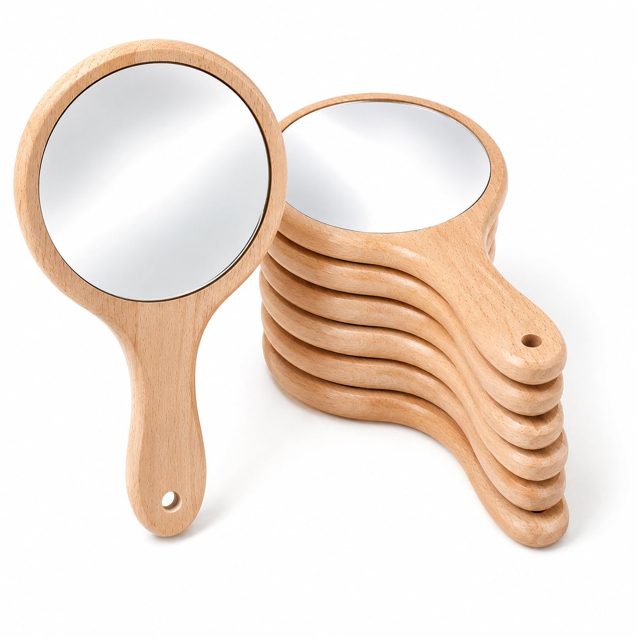 Miroir de poche vintage en bois avec manche lot de 6 outils de maquillage