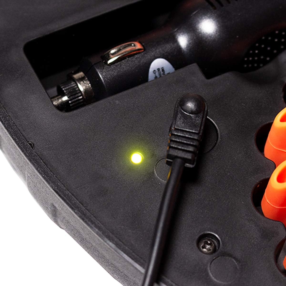 Close-up of the charging indicator light on the SpeedTech Lights road flare case