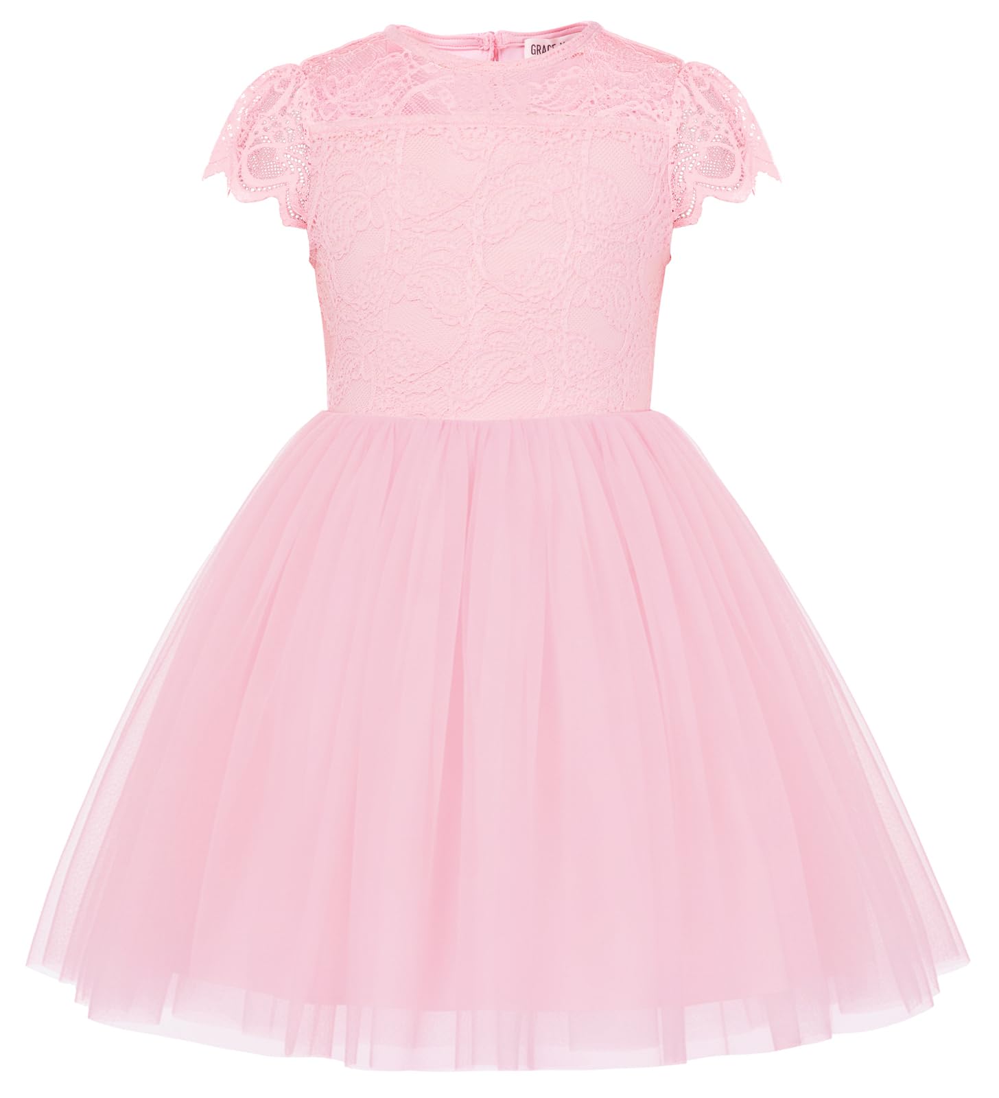 – GRACE KARIN Girl Princess Tulle Dresses Short Sleeves Lace A-line Dress with Bowknot Birthday Party Wedding