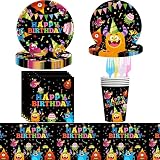 【Monster Party Set】Monster Geburtstagsfeier Set enthält 10 x 9 Zoll Teller, 10 x 7 Zoll Teller, 20 x Papierhandtuch, 10 x Tasse, 1x Tischdecke, 10 x Messer, 10 x Gabeln.