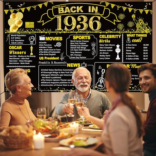 Image of DARUNAXY 90th Birthday Black Gold Party Decoration, Back in 1936 Banner 90 Year Old Birthday Party Poster Supplies, 6x3.6ft Large Fabric Vintage 1936 Backdrop Photography Background for Men and Women