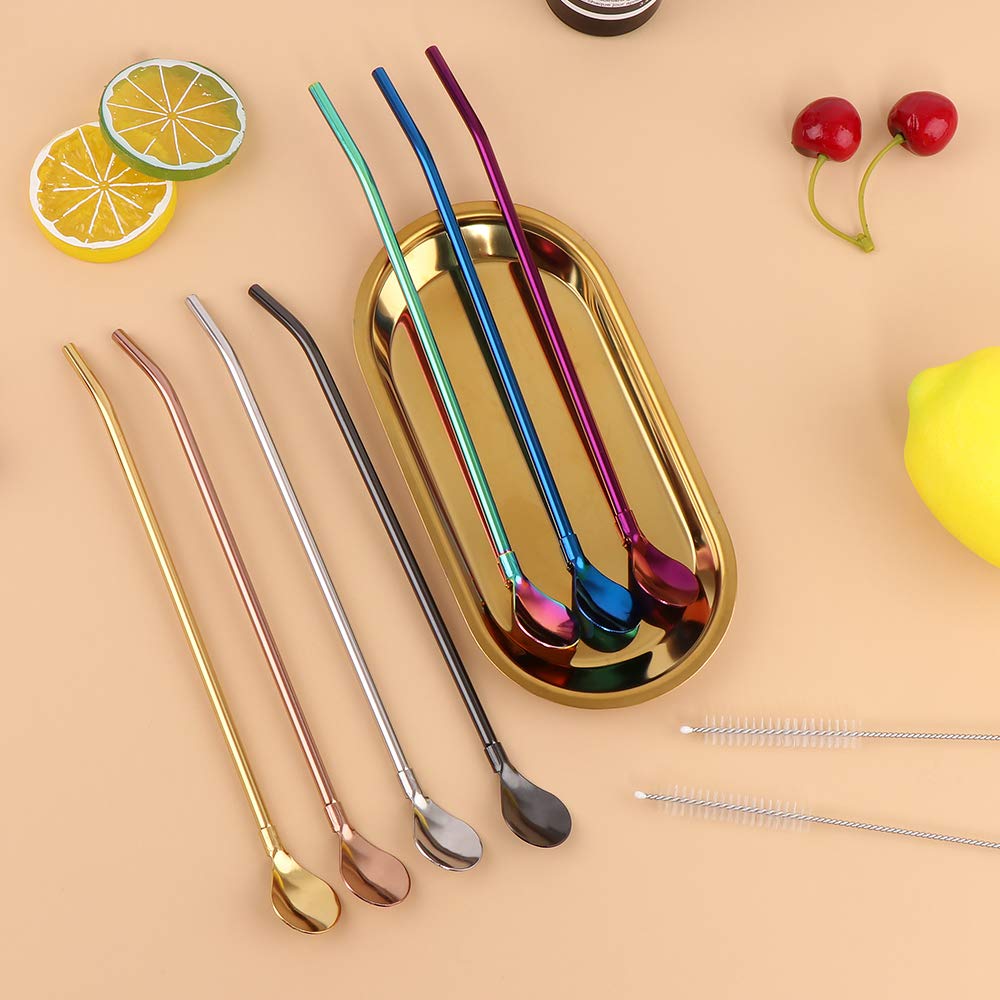 Set Da 6 Cannucce In Acciaio Inox 304 Con Cucchiaio Lungo 22 Cm, Riutilizzabili, Con 2 Spazzole Pulenti, Per Frullati, Cocktail E Caffè - 2