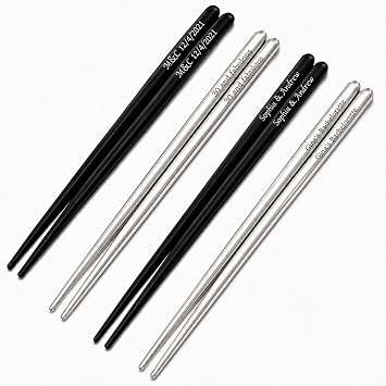 Personalized Chopsticks with Name Text Date, Custom Engraved Reusable Stainless Steel Metal Chop Sticks, Non-Slip Gift for Weddings, Housewarming, Anniversaries, Party Favors