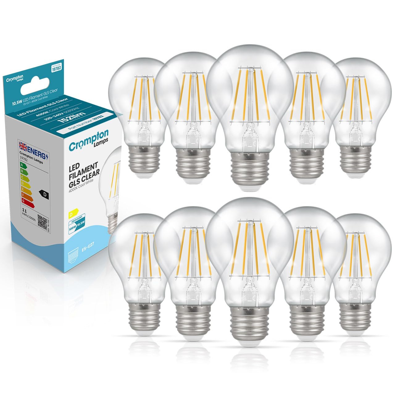 Crompton Lamps Filament GLS LED Light Bulb ES-E27 | 10.5W = 100W Equivalent | Cool White 4000K | Energy Efficient | Edison Screw Lightbulb | Long Life 15,000-Hrs | Clear Glass | 10-Pack