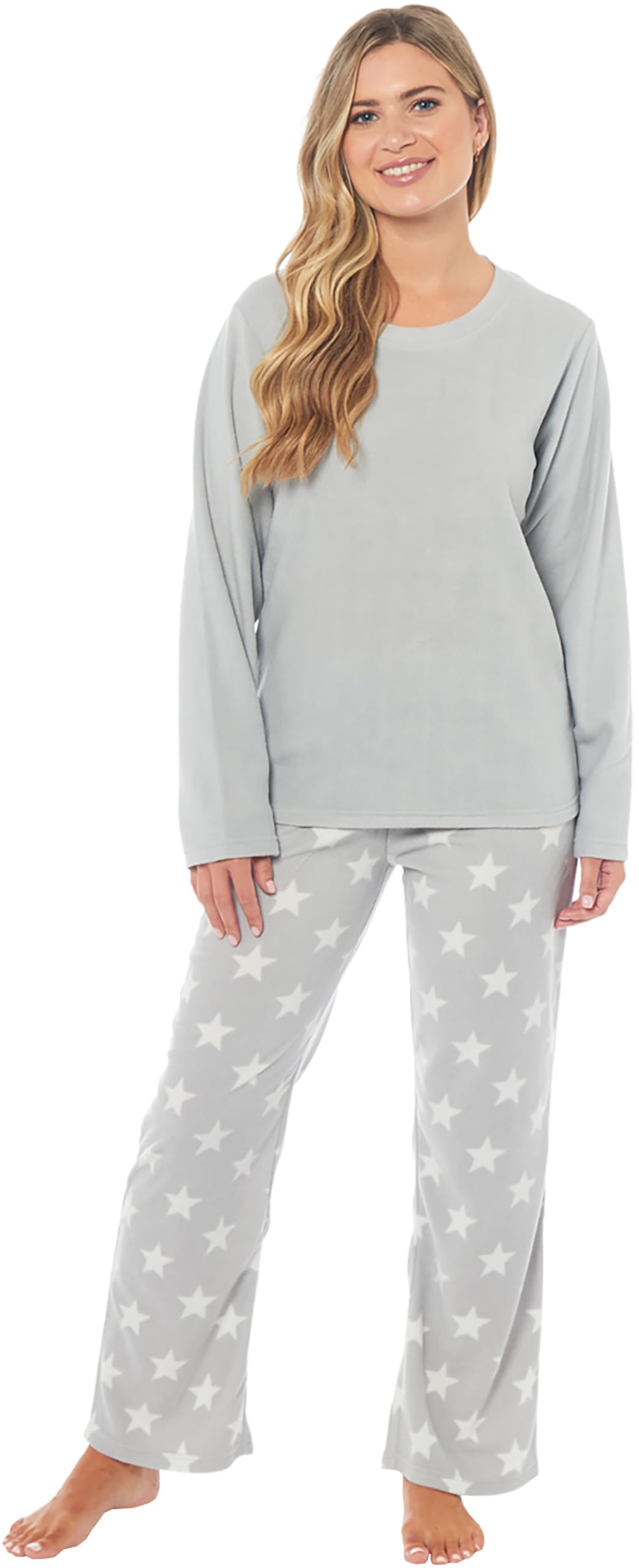 Kate Morgan Women's Grey Star Pyjamas Warm Fleece Pj For Sets Pjs S-Xl | Soft Twosie Pyjama Set For Gifts For Her Xl