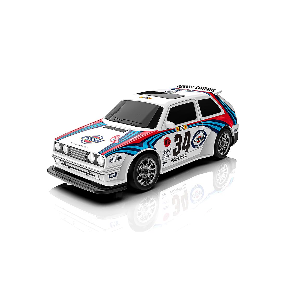 Coche teledirigido 1:43, 2,4 GHz 4WD RC coche, iluminación LED, velocidad ajustable, neumáticos de carreras y pilones, RTR, vehículo interior y exterior