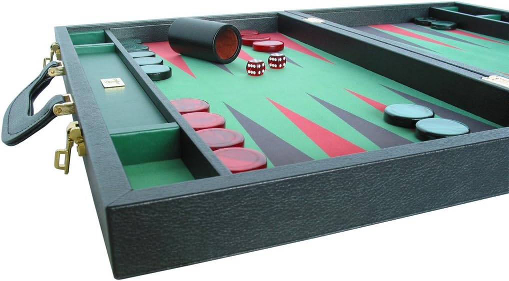 Leather/Microfiber Backgammon Set - (23" Large Attache Case, Zaza & Sacci) - Black/Green