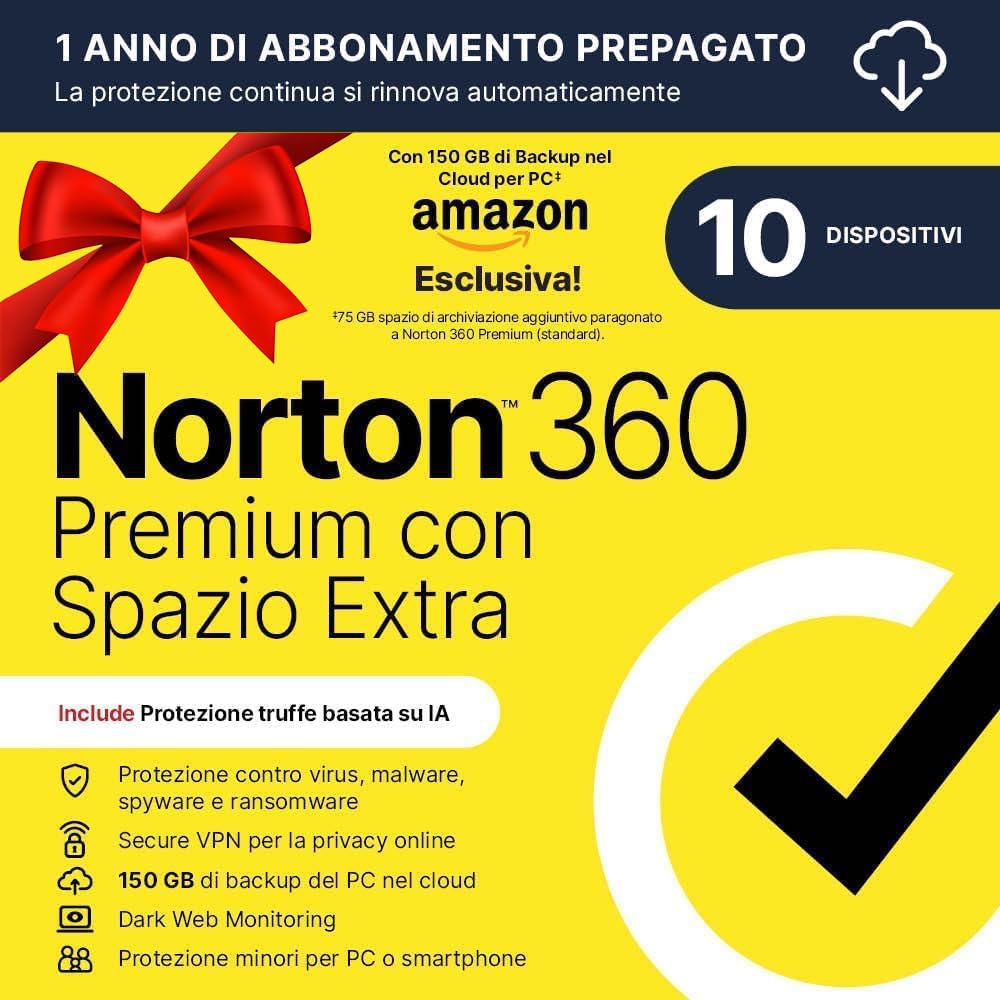 Norton 360 Premium| Extra Spazio Archiviazione|Esclusiva Amazon * 75 GB extra Cloud Backup| Antivirus 10 dispositivi |1 anno rinnovo automatico