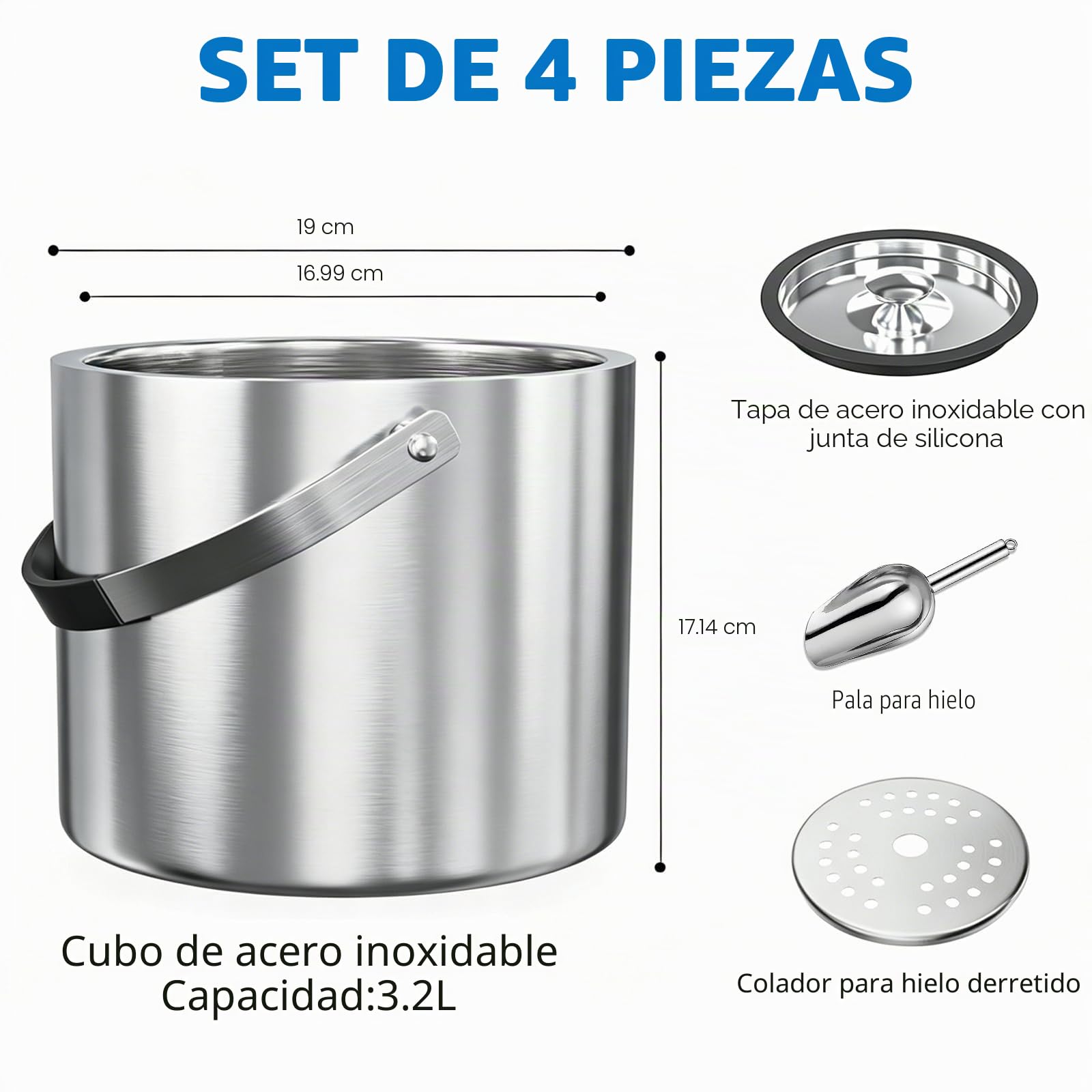 Cubitera con Tapa y Scoop, 3.2L Cubiteras Para Hielo Botellas Aislamiento de Doble Pared Acero Inoxidable, Champanera Cubitera Vino Cubo de Hielo Refrigerada Bebidas y Alimentos