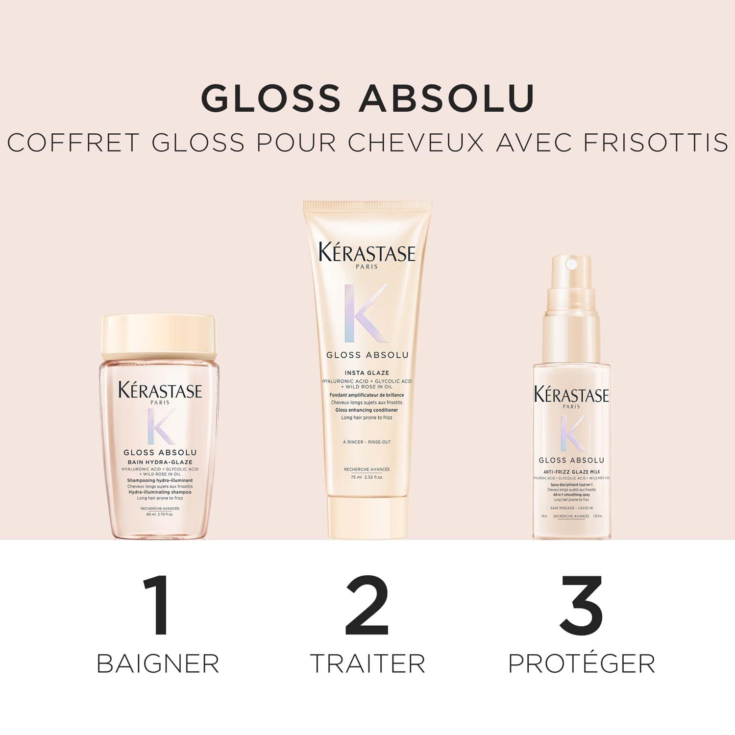 KÉRASTASE Gloss Absolu - Coffret Découverte - Cheveux Longs Sujets aux Frisottis - Acide Hyaluronique, Acide Glycolique et Huile de Rose Sauvage - Shampoing, Après-Shampoing et Spray - Format Voyage