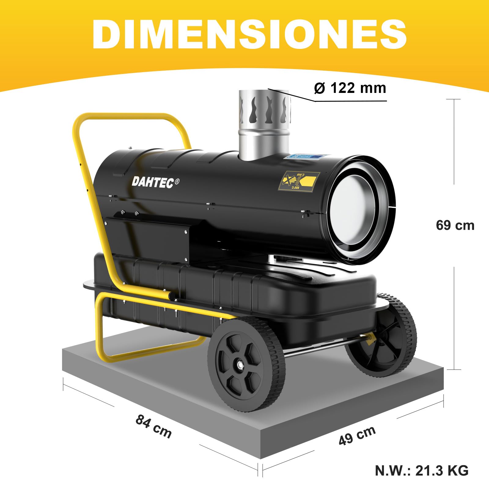 Calefactor Diésel de Indirecta 20 kW - Termoventilador Industrial - Depósito de Gran Capacidad 38 L - Con Ruedas y Termostato Regulable - Para Talleres, Obras y Uso Agrícola