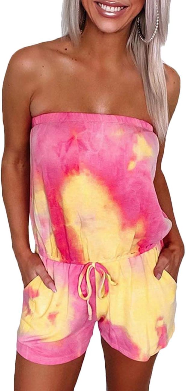 Sexyshine Women's Strapless Off Shoulder Tie Dye Beachwear Short Rompers Jumpsuits