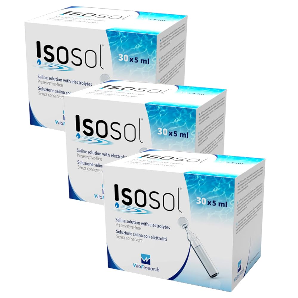 Isosol VitaResearch 30 x 5 ml - Pack de 3 Cajas - Solución Salina Estéril con Electrolitos para Lentes de Contacto y Lavado Ocular - Sin Conservantes, Enriquecida con Minerales Esenciales