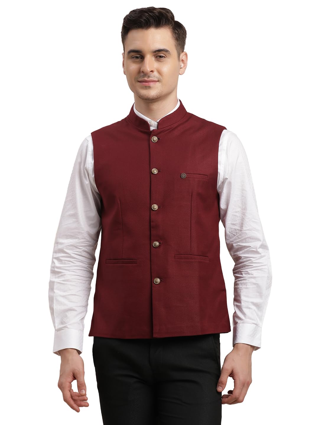 turtle Men Poly Viscose Maroon Dobby Print Party Nehru Jacket-picture-49