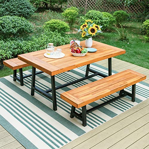 Sophia & William Acacia Wood Patio Dining Set With 1 Table And 2 Benches For 6, Oil Finished Tabletop And Spray Painted Legs, 3 Pieces Patio Dining Furniture For Porch Backyard, Teak And Black #TOP26