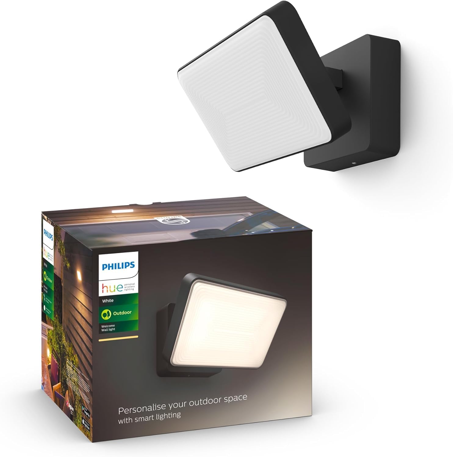 Philips Hue White Welcome Flutlicht (2.600 lm), dimmbare Outdoor Wandlampe für das Hue Lichtsystem mit warm- bis kaltweißem Licht, smarte Lichtsteuerung über Sprache und App, schwarz