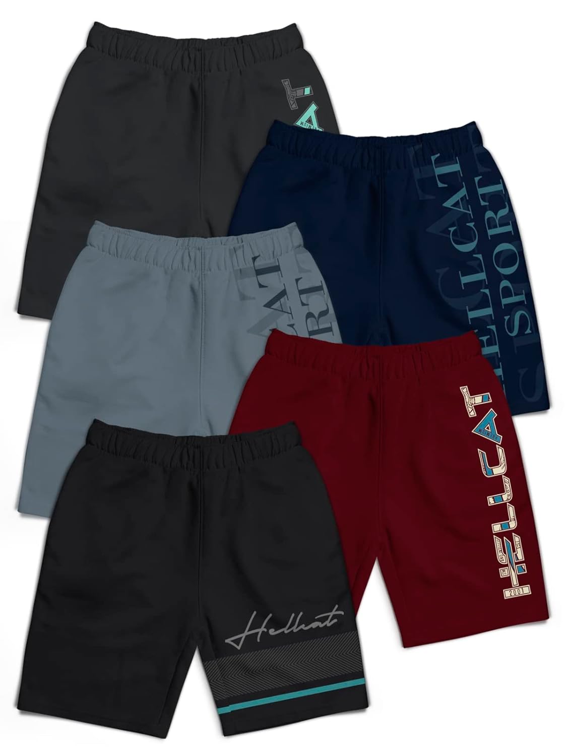 HELLCAT Pack of 5 Trendy Typographic Printed Mid Rise Shorts for Boys