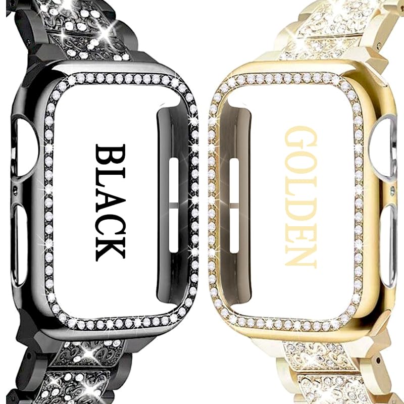Women Sparkly iWatch Screen Protector Case Compatible with Apple Watch Band 38mm 40mm 41mm 42mm 44mm 45mm 46mm Series,No_Glass Slim Bling Bumper (Black+Golden+Silver, 40 MM)