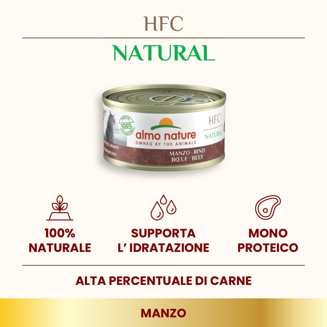 Almo Nature HFC Natural, Alimento Umido per Gatti - Manzo - Human-Grade, Monoproteico - 70g, Confezione da 24