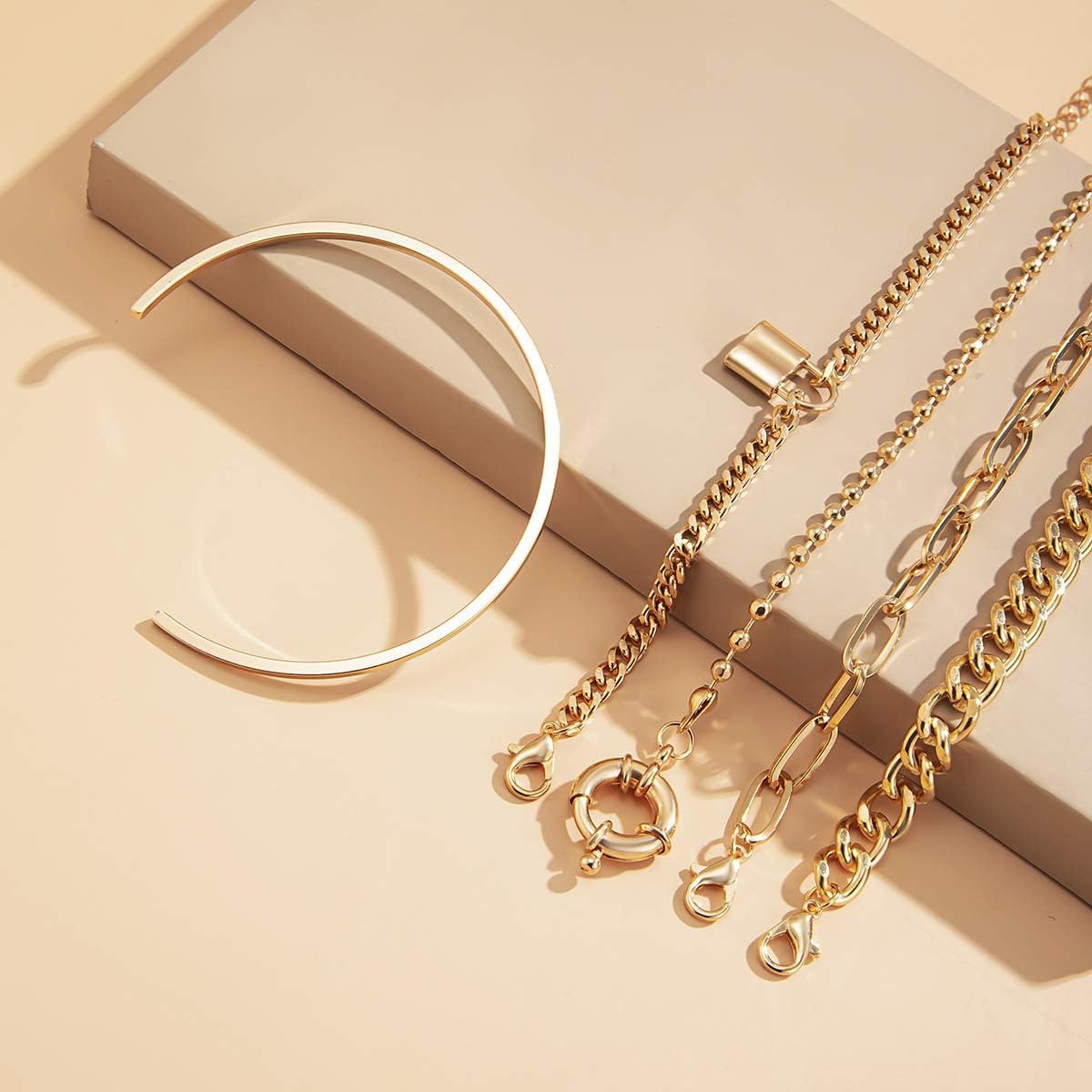 Octwine Fashion Cute Simple Boho Stackable Bracelet Set Gold Silver Chunky Layered Link Bracelet Chain Jewelry for Women 5PCS - Image 5