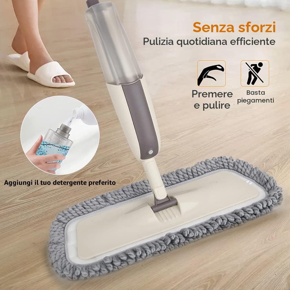 Scopa Lavapavimenti a Spruzzo, MEXERRIS Spray Mop Mocio Lavapavimenti con Flacone Ricaricabile da 410 ml e 3 Tamponi Lavabili Professionale Mop Pavimenti per Casa Cucina Laminato Legno Legno Duro