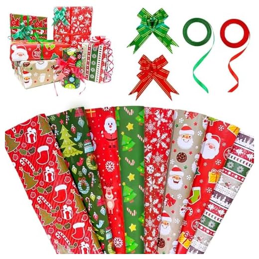 Papel de Regalo Navidad,8 Hojas Grandes de Papel Regalo Papá Noel Muñeco Nieve,Tema Navidad Papel regalo infantil Rojo Kit,Papel envolver regalos de Colores con Arco de regalo y Cintas(74 cm x 51 cm)