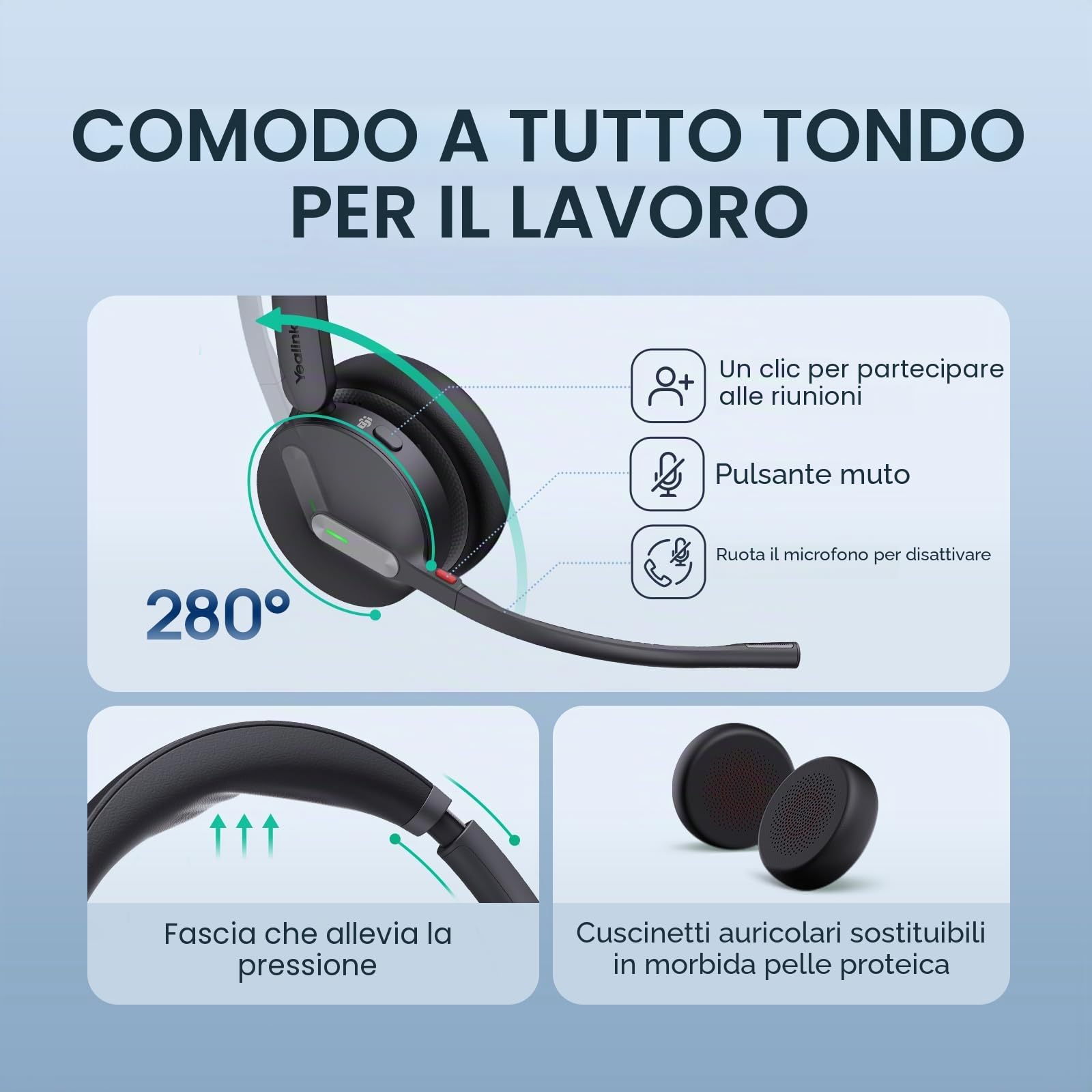 Yealink Cuffie wireless DECT & Bluetooth WH64 Mono, portata 185 m, 3 microfoni, cancellazione del rumore, batteria 26H, per telefono da ufficio, VoIP, rete fissa, PC, laptop, squadre, zoom