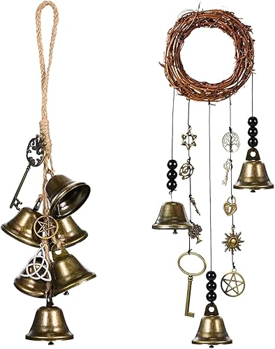 Miniatura 1 de Campanas de bruja para perilla de puerta para protección, kit de 2 carillones de viento de bruja, corona colgante hecha a mano, decoración Wiccan
